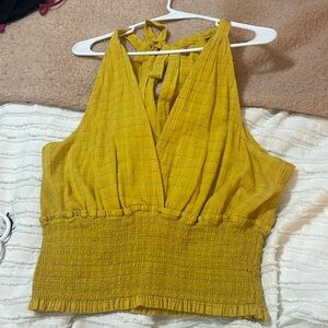 Pilcro Anthropologie Gold Sleeveless Tie Neck Smocked Top